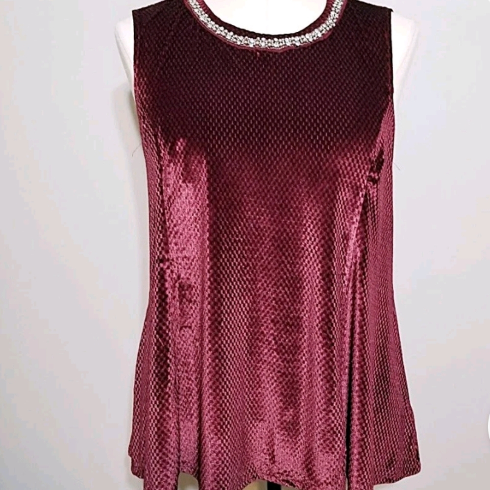 Dressbarn Women's Red Velvet Sleeveless Tunic Top with Rhinstone Neckline. 1X